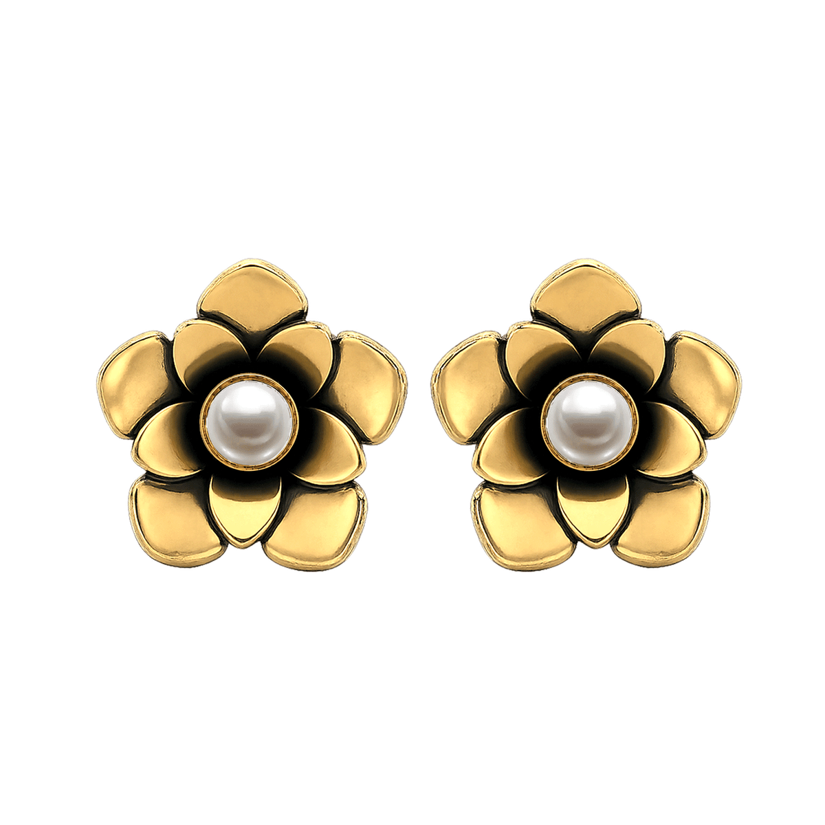 23K Gold Plated Flower Stud Earrings with Pearl - Bloom - 3