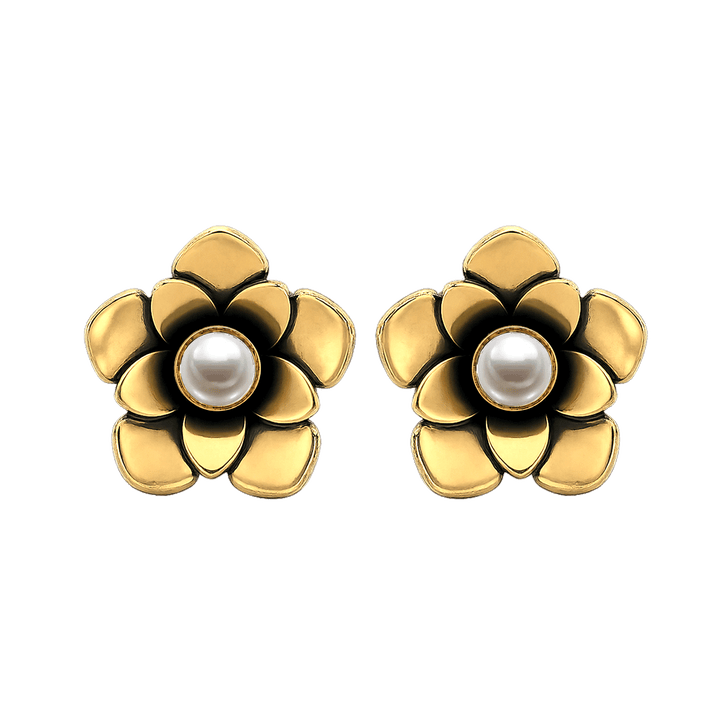 23K Gold Plated Flower Stud Earrings with Pearl - Bloom - 3