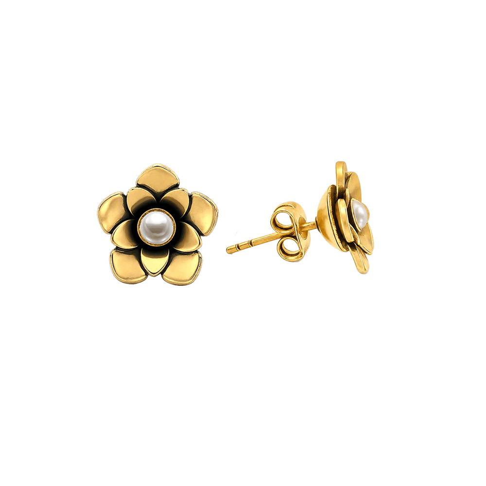 23K Gold Plated Flower Stud Earrings with Pearl - Bloom - 2