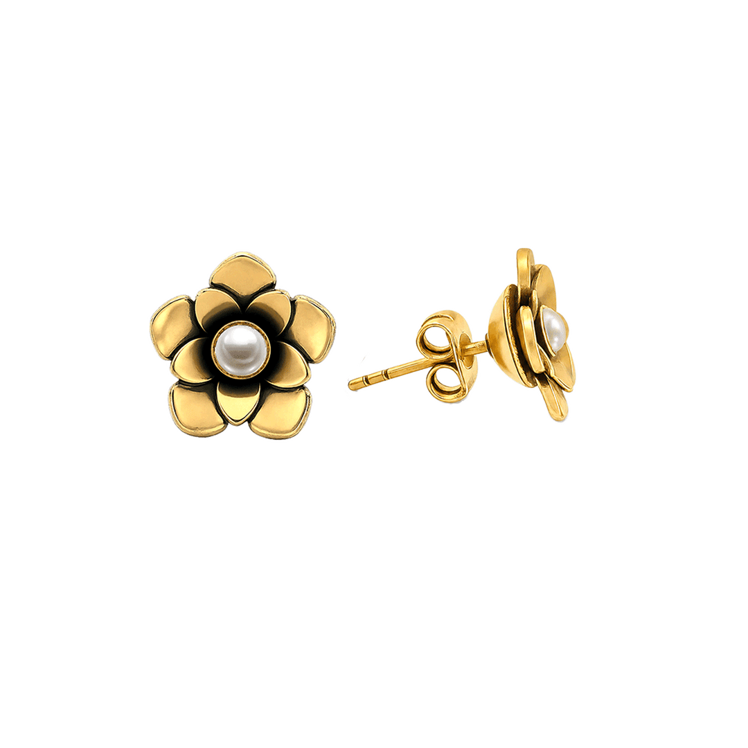 23K Gold Plated Flower Stud Earrings with Pearl - Bloom - 2