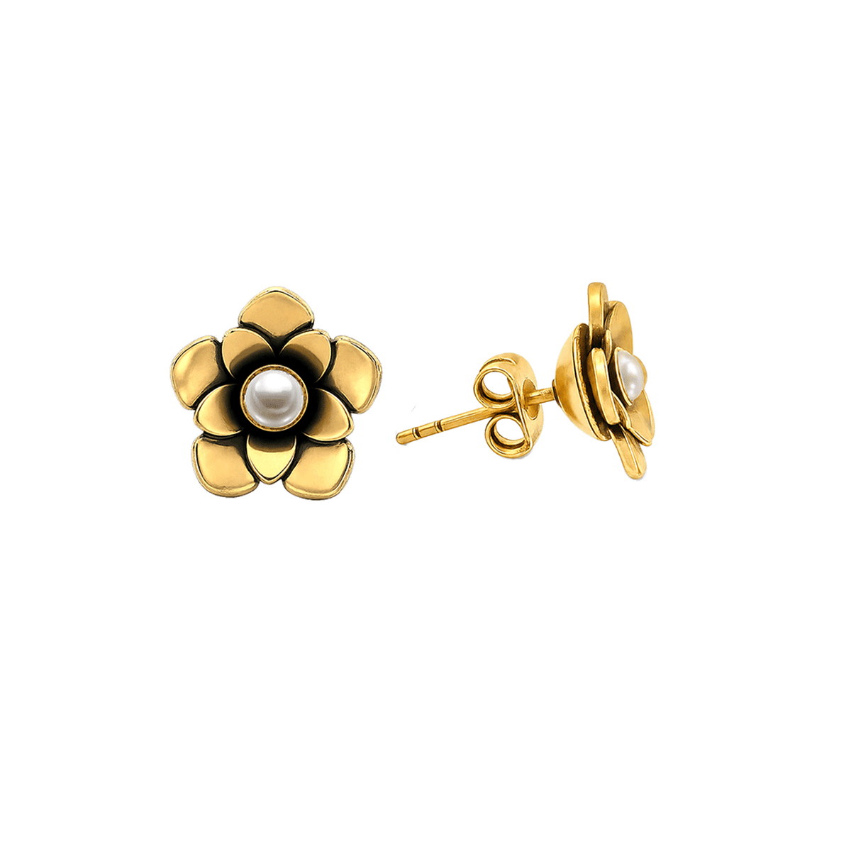23K Gold Plated Flower Stud Earrings with Pearl - Bloom - 2
