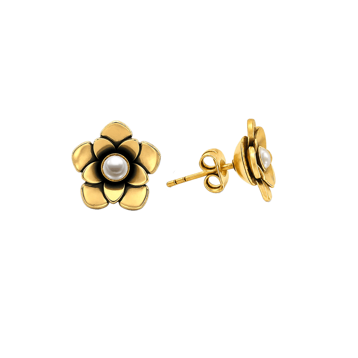 23K Gold Plated Flower Stud Earrings with Pearl - Bloom - 2