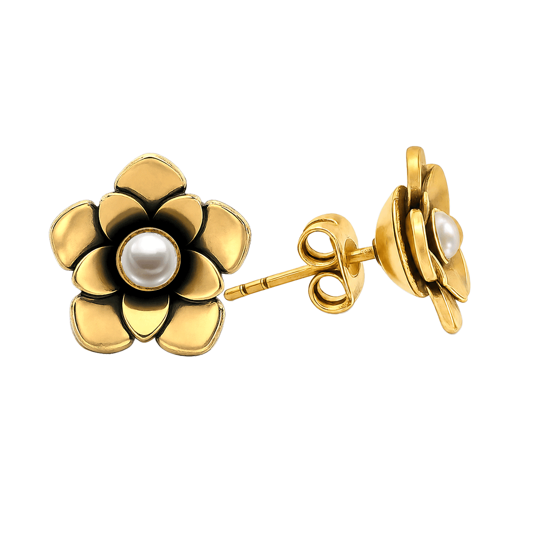 23K Gold Plated Flower Stud Earrings with Pearl - Bloom - 4