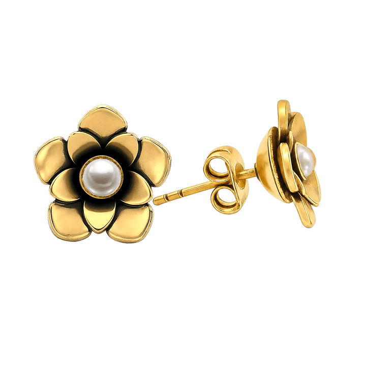 23K Gold Plated Flower Stud Earrings with Pearl - Bloom - 4