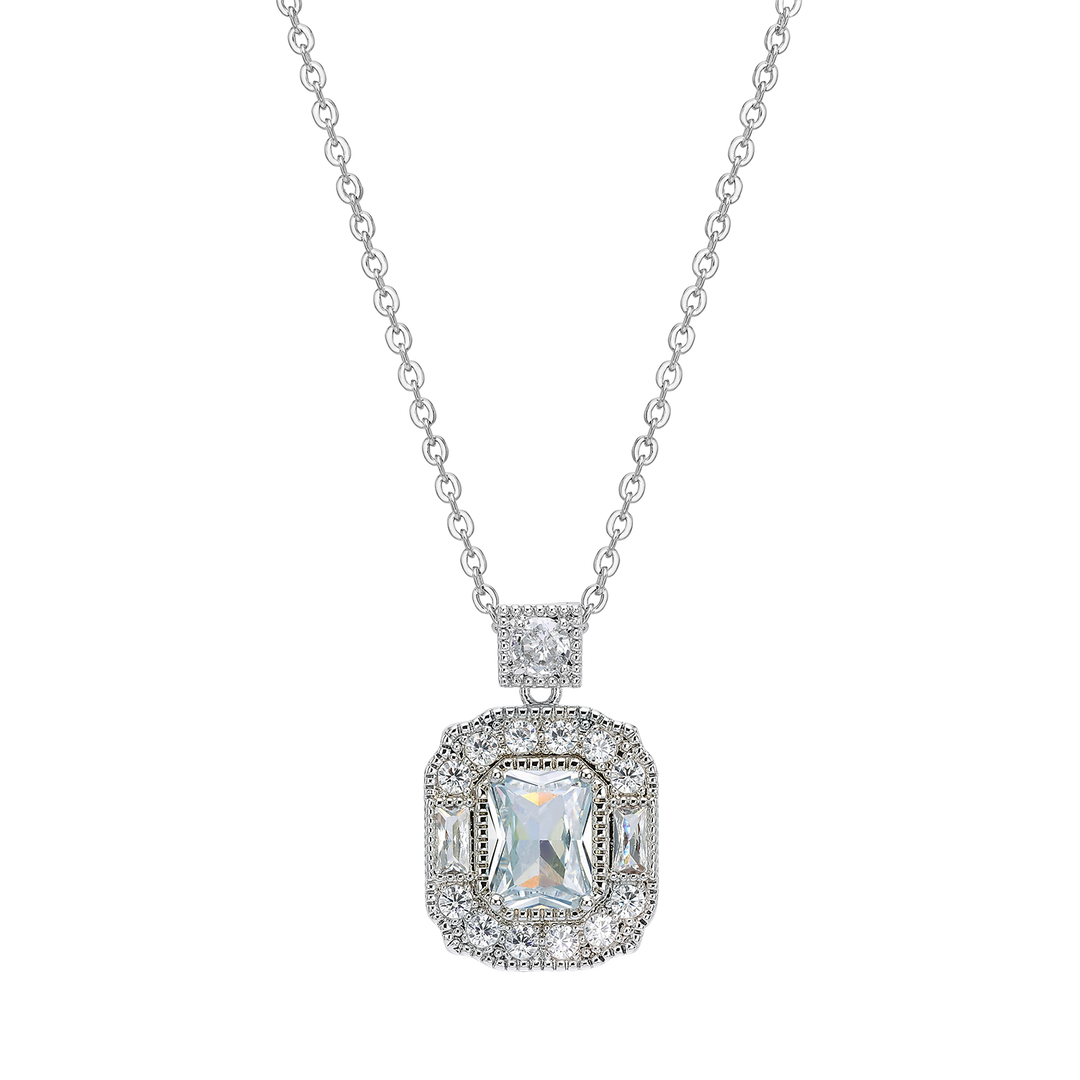 Rhodium Plated Necklace with Rectangle Pendant & Zirconia - Volver