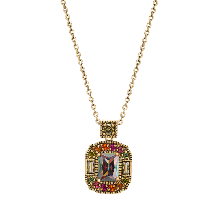 18K antique gold plated gold plated necklace with a rectangular pendant inlaid with zircons Volver 