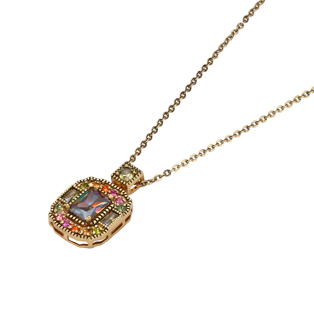 18K antique gold plated gold plated necklace with a rectangular pendant inlaid with zircons Volver 