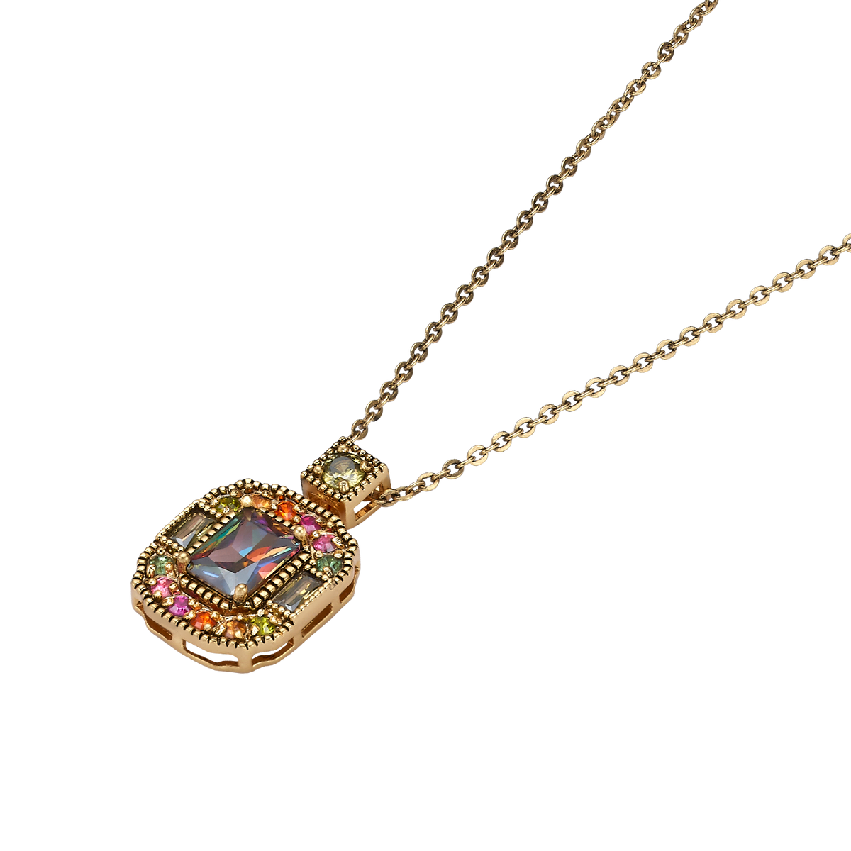 18K Vintage Gold Plated Necklace with Rectangle Pendant & Zirconia - Volver - 3