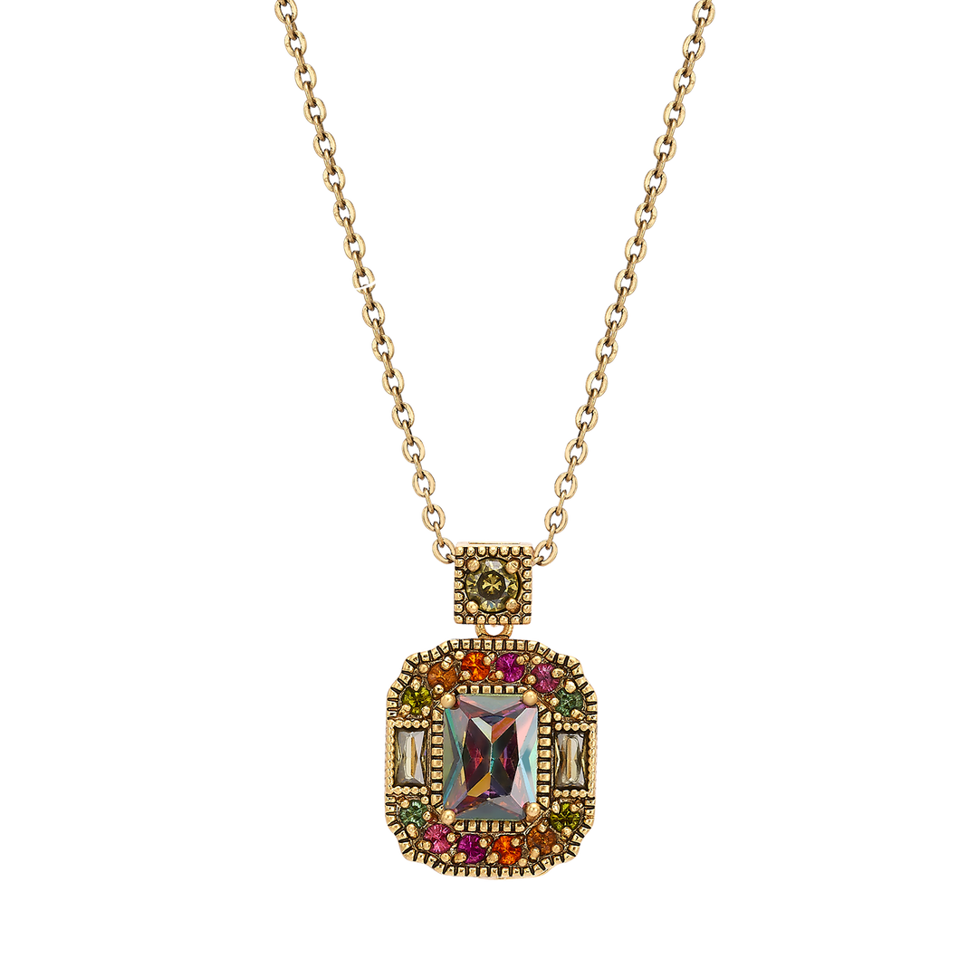18K Vintage Gold Plated Necklace with Rectangle Pendant & Zirconia - Volver