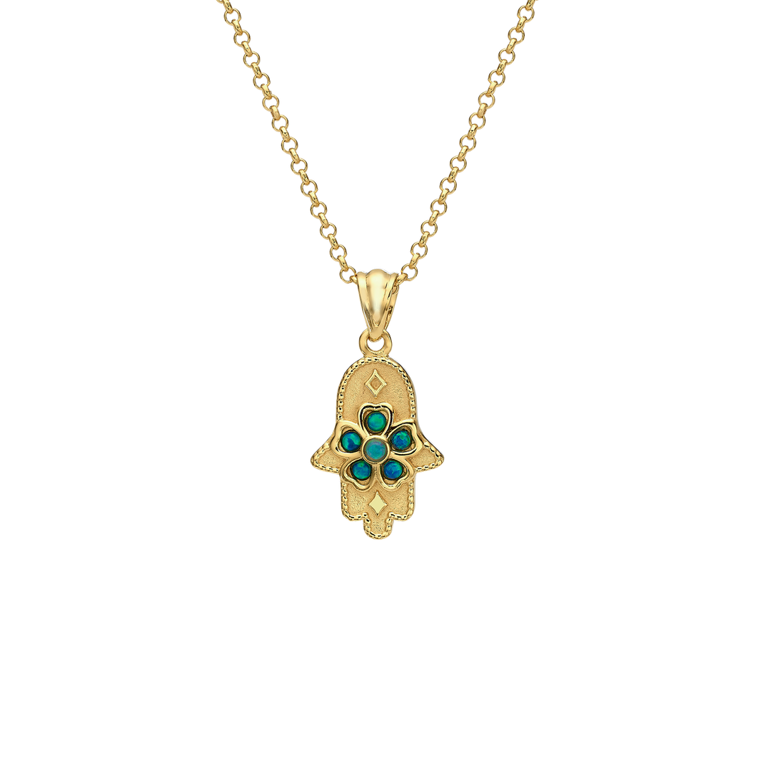18K Gold Plated Hamsa Necklace with Lab Opal Stones