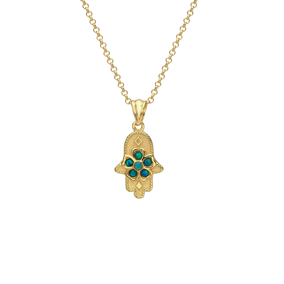 18K Gold Plated Hamsa Necklace with Lab Opal Stones
