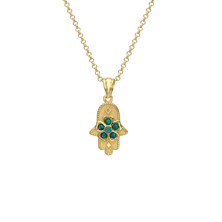 18K Gold Plated Hamsa Necklace with Lab Opal Stones
