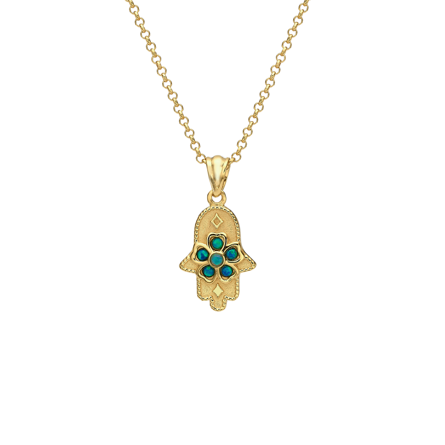 18K Gold Plated Hamsa Necklace with Lab Opal Stones