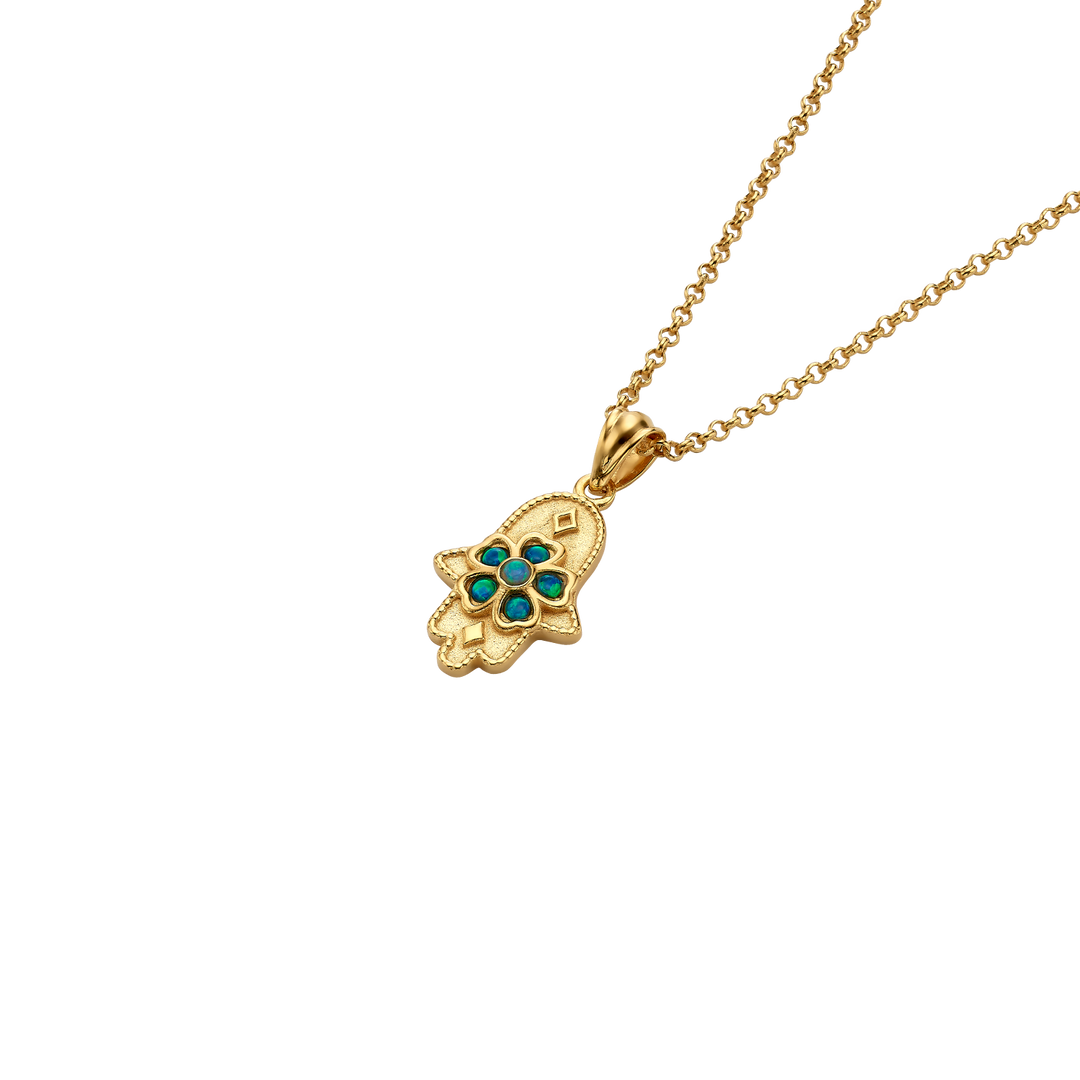 18K Gold Plated Hamsa Necklace with Lab Opal Stones - 4