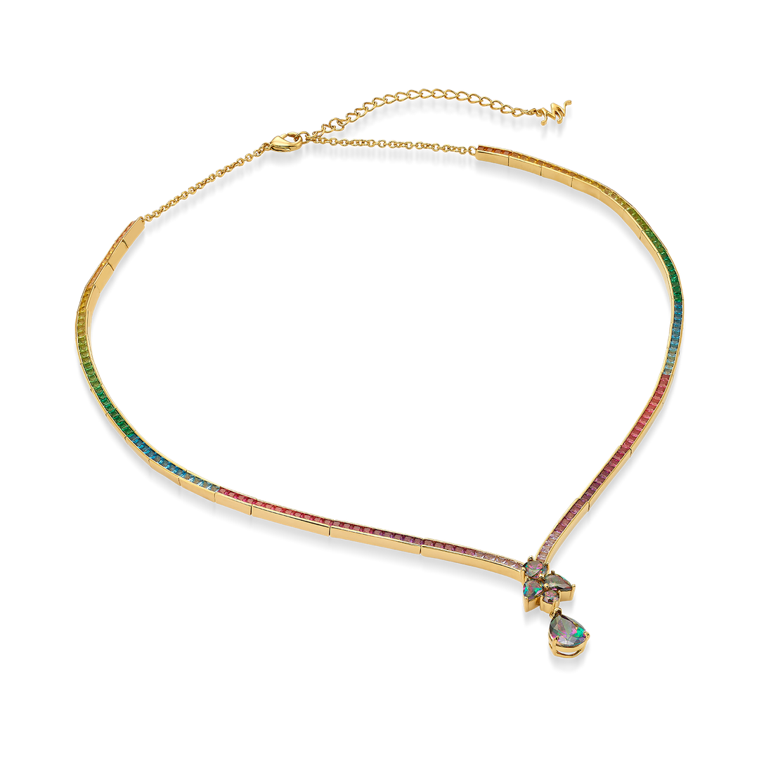 18K Gold Plated Tennis Necklace with Multicolor Zirconia - Treasure - 5