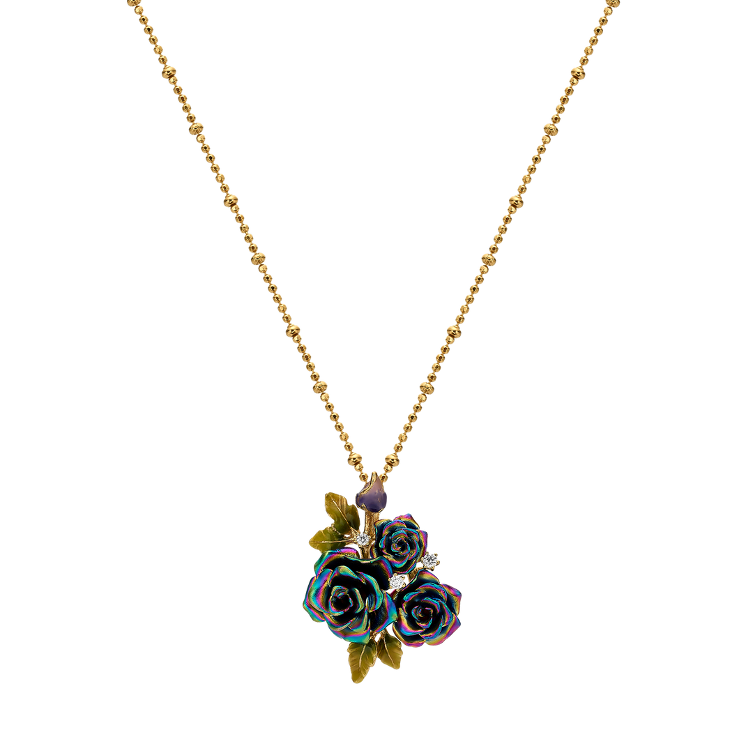 Necklace with 3-Flower Multicolor Enamel Pendant - Monarchy - 3