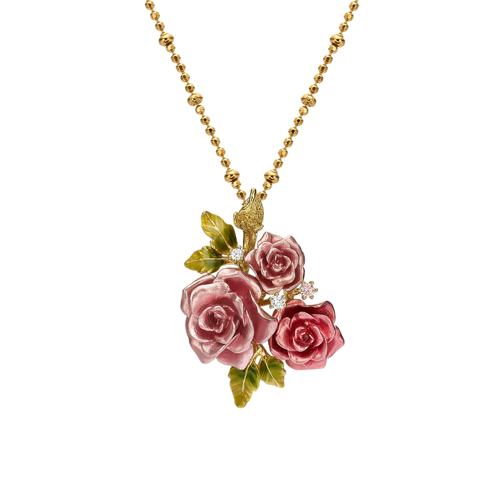 Necklace with 3 pink flowers pendant with enamel finish Monarchy 