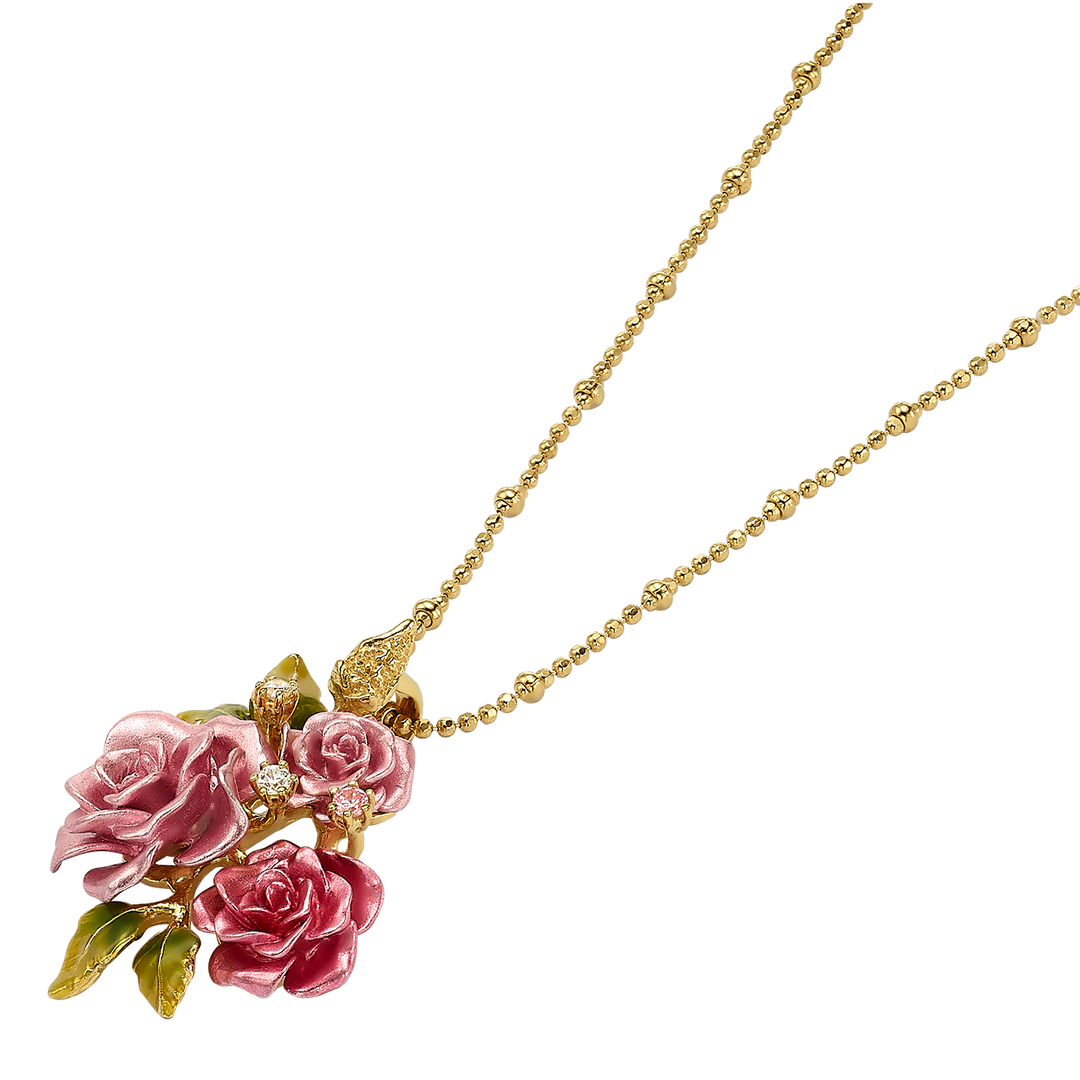 Necklace with 3-Flower Pink Enamel Pendant - Monarchy - 5