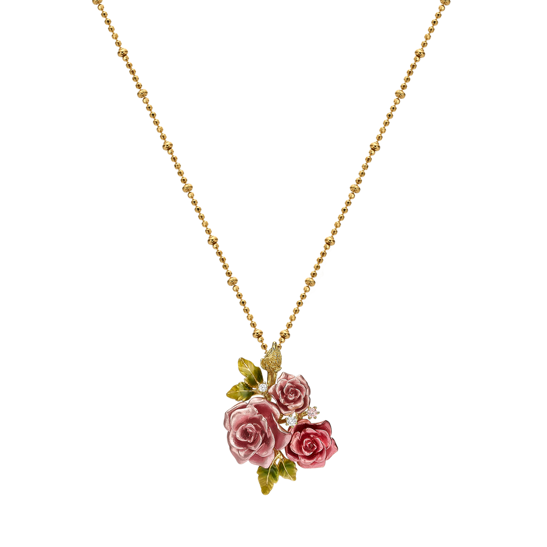 Necklace with 3 pink flowers pendant with enamel finish Monarchy 