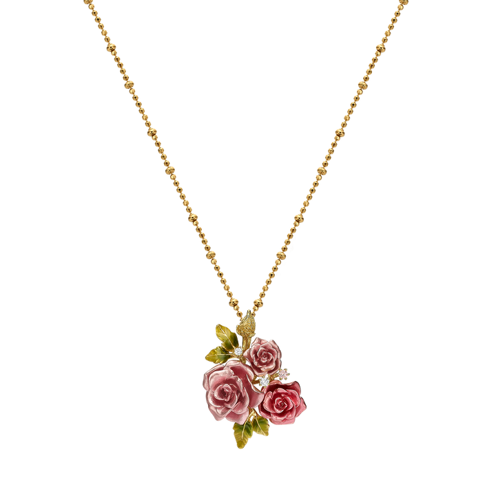 Necklace with 3-Flower Pink Enamel Pendant - Monarchy - 3