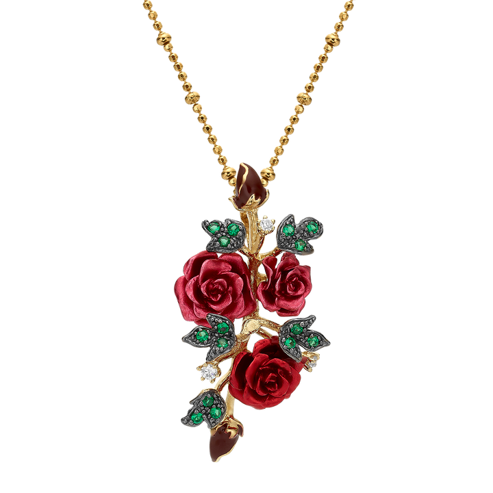 Necklace with 3 red flowers pendant with enamel finish Monarchy 