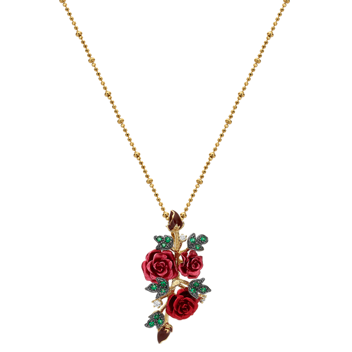 Necklace with 3 red flowers pendant with enamel finish Monarchy 