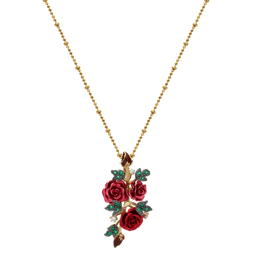 Necklace with 3-Flower Red Enamel Pendant - Monarchy - 2