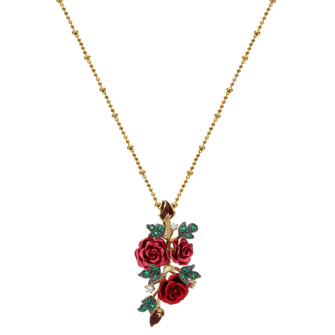 Necklace with 3-Flower Red Enamel Pendant - Monarchy - 2