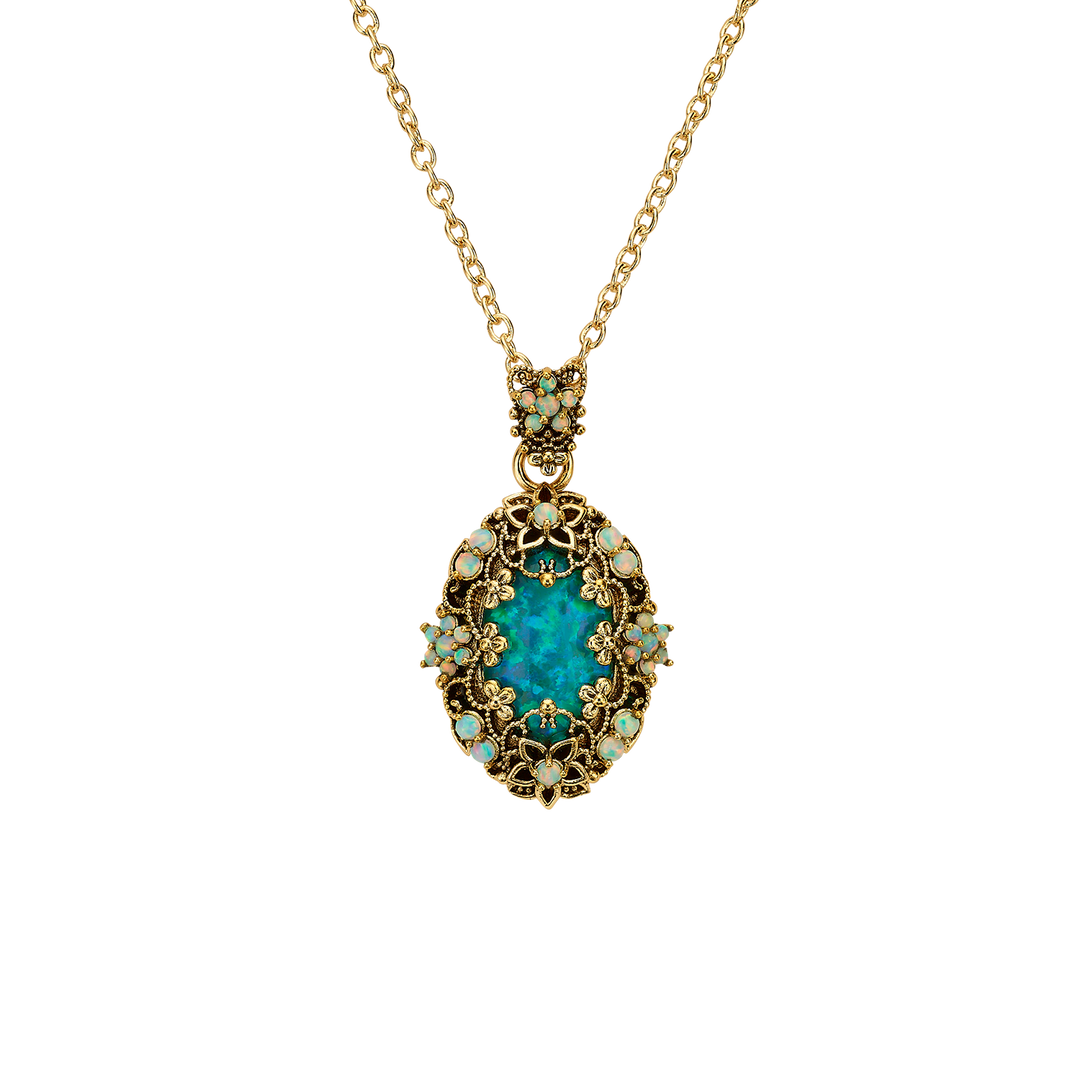 18K Gold Plated Necklace with Oval Synthetic Opal Pendant M - Heritage