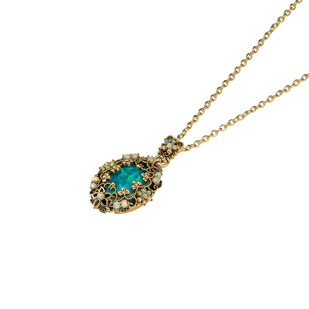 18K Gold Plated Necklace with Oval Synthetic Opal Pendant M - Heritage - 3