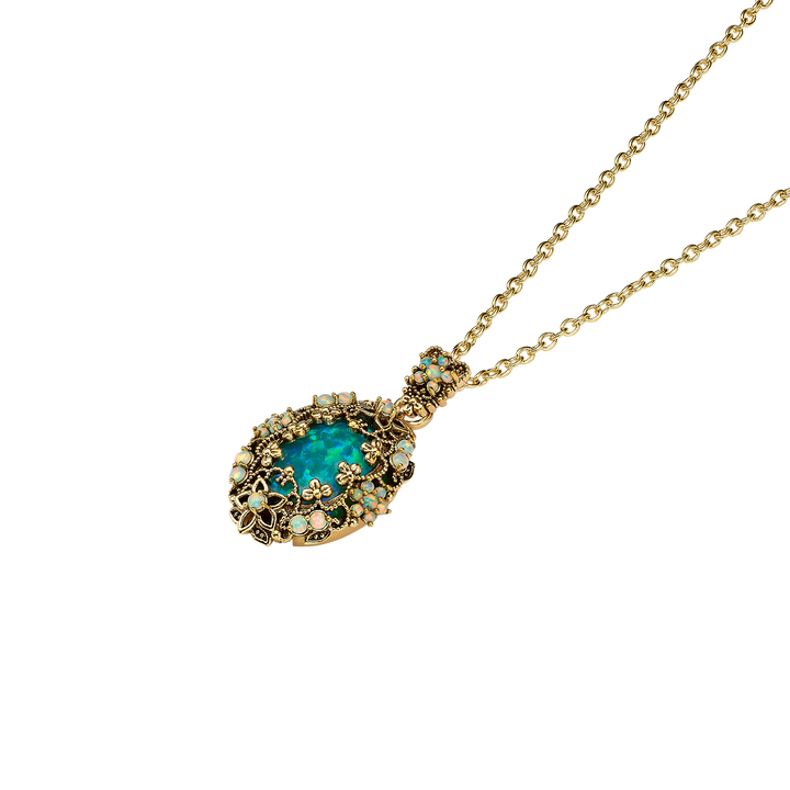 18K Gold Plated Necklace with Oval Synthetic Opal Pendant M - Heritage - 3
