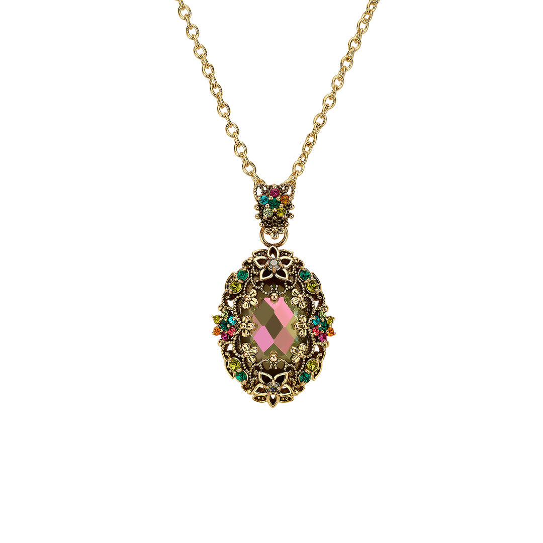 18K Gold Plated Necklace with Oval Colorful Zirconia Pendant M - Heritage