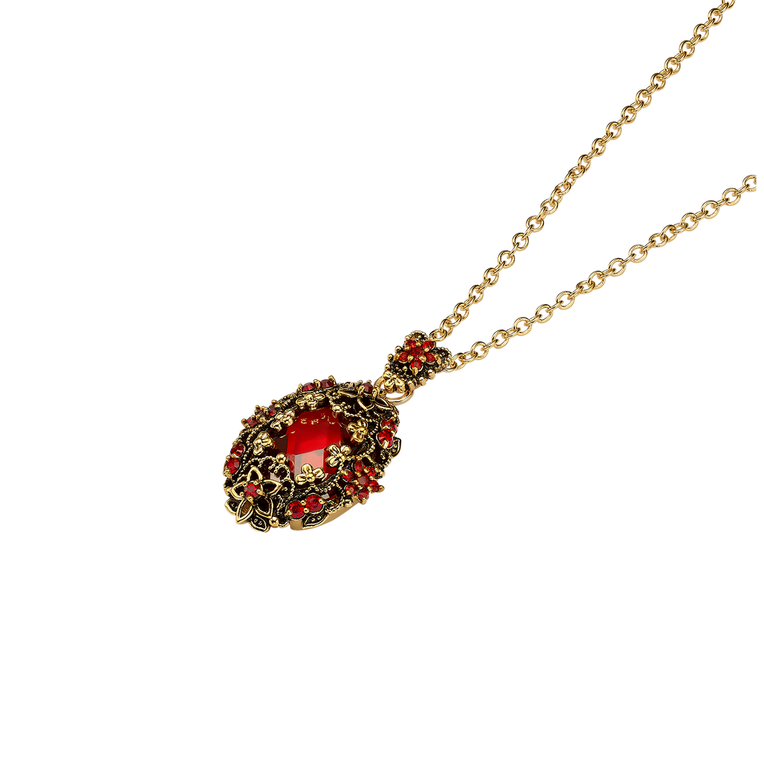 18K Gold Plated Necklace with Oval Red Zirconia Pendant M - Heritage - 3