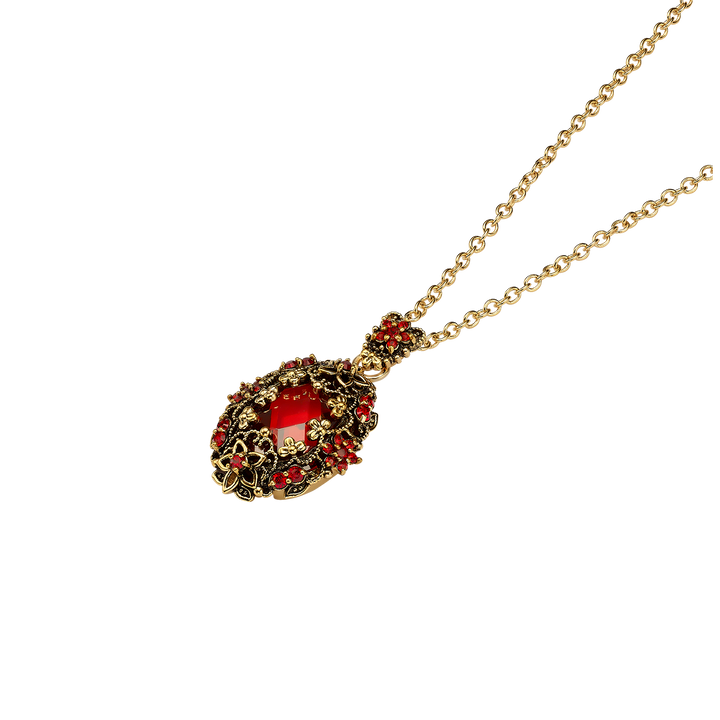 18K Gold Plated Necklace with Oval Red Zirconia Pendant M - Heritage - 3