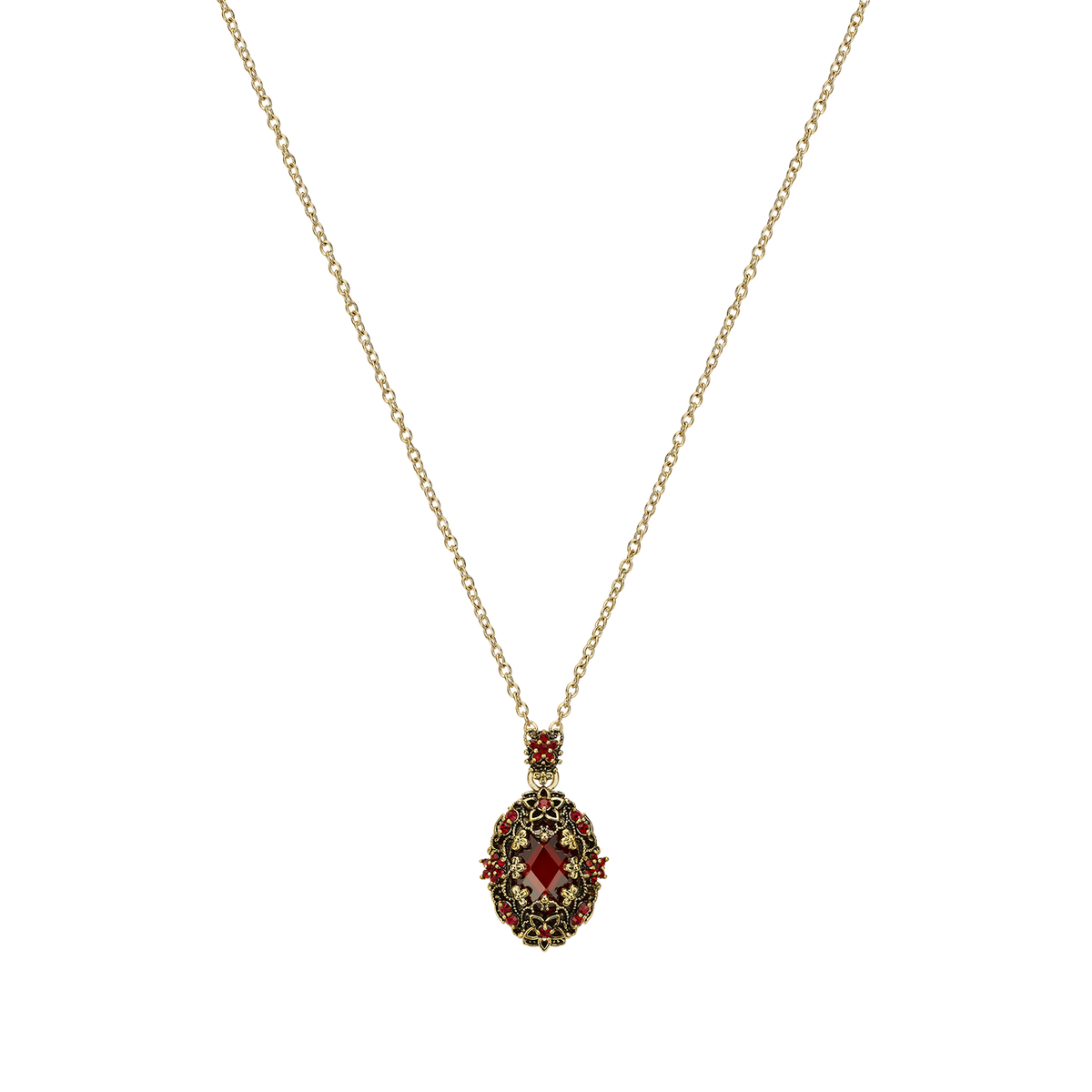 18K Gold Plated Necklace with Oval Red Zirconia Pendant M - Heritage - 4
