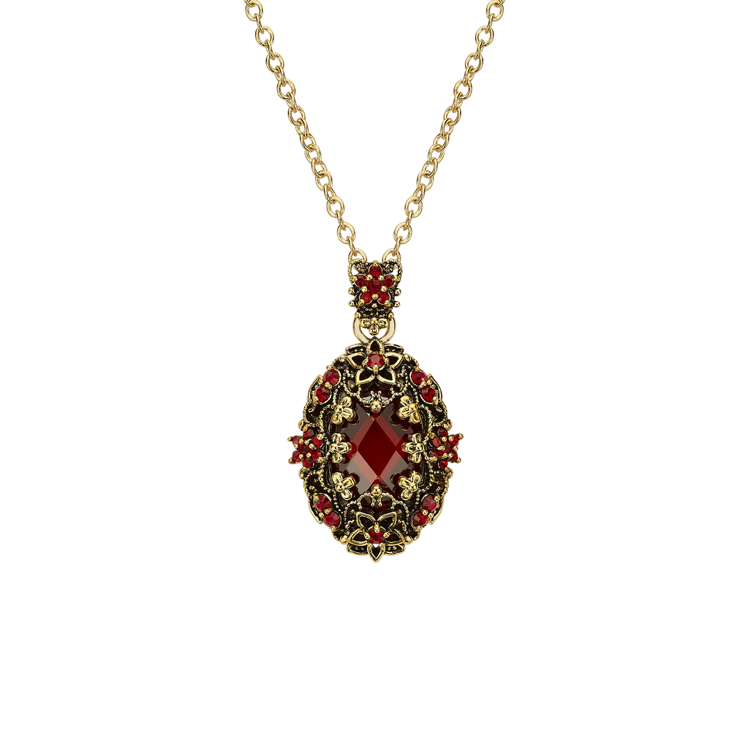 18K Gold Plated Necklace with Oval Red Zirconia Pendant M - Heritage