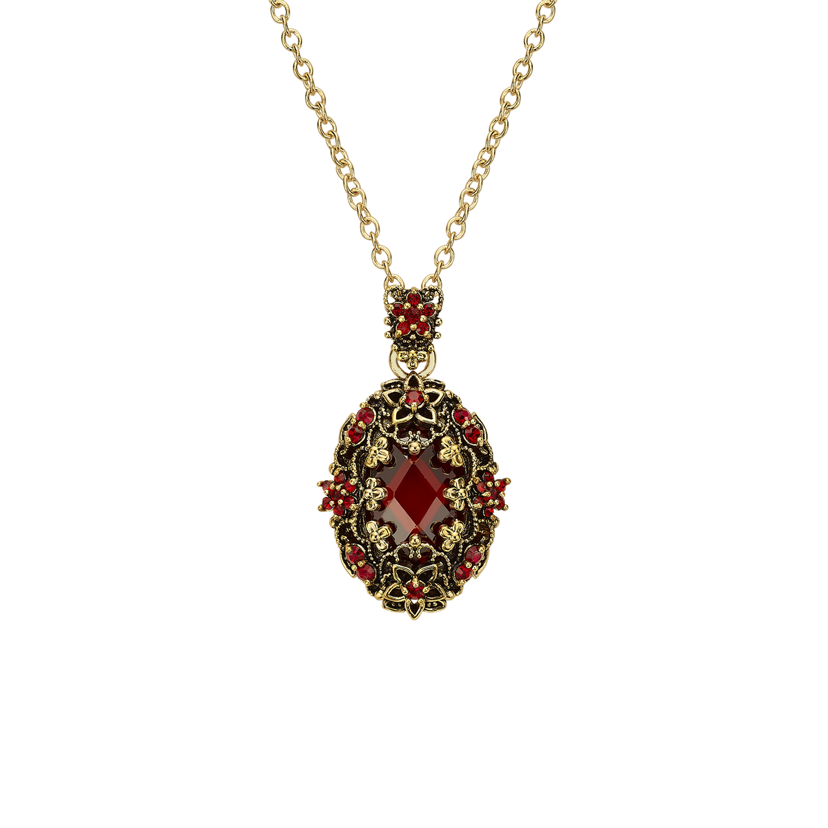 18K Gold Plated Necklace with Oval Red Zirconia Pendant M - Heritage