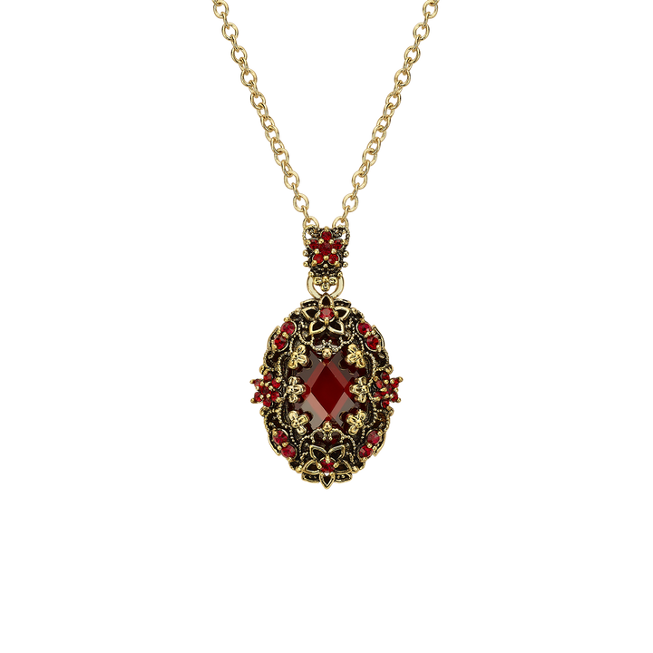 18K Gold Plated Necklace with Oval Red Zirconia Pendant M - Heritage