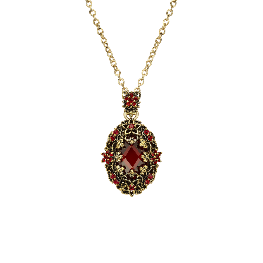 18K Gold Plated Necklace with Oval Red Zirconia Pendant M - Heritage