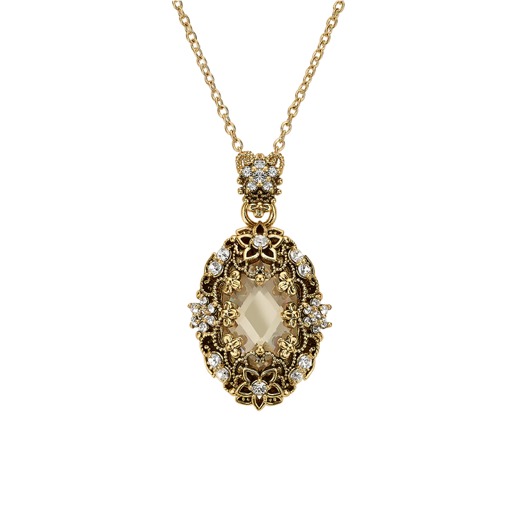 18K Gold Plated Necklace with Oval Clear Crystal Pendant L - Heritage