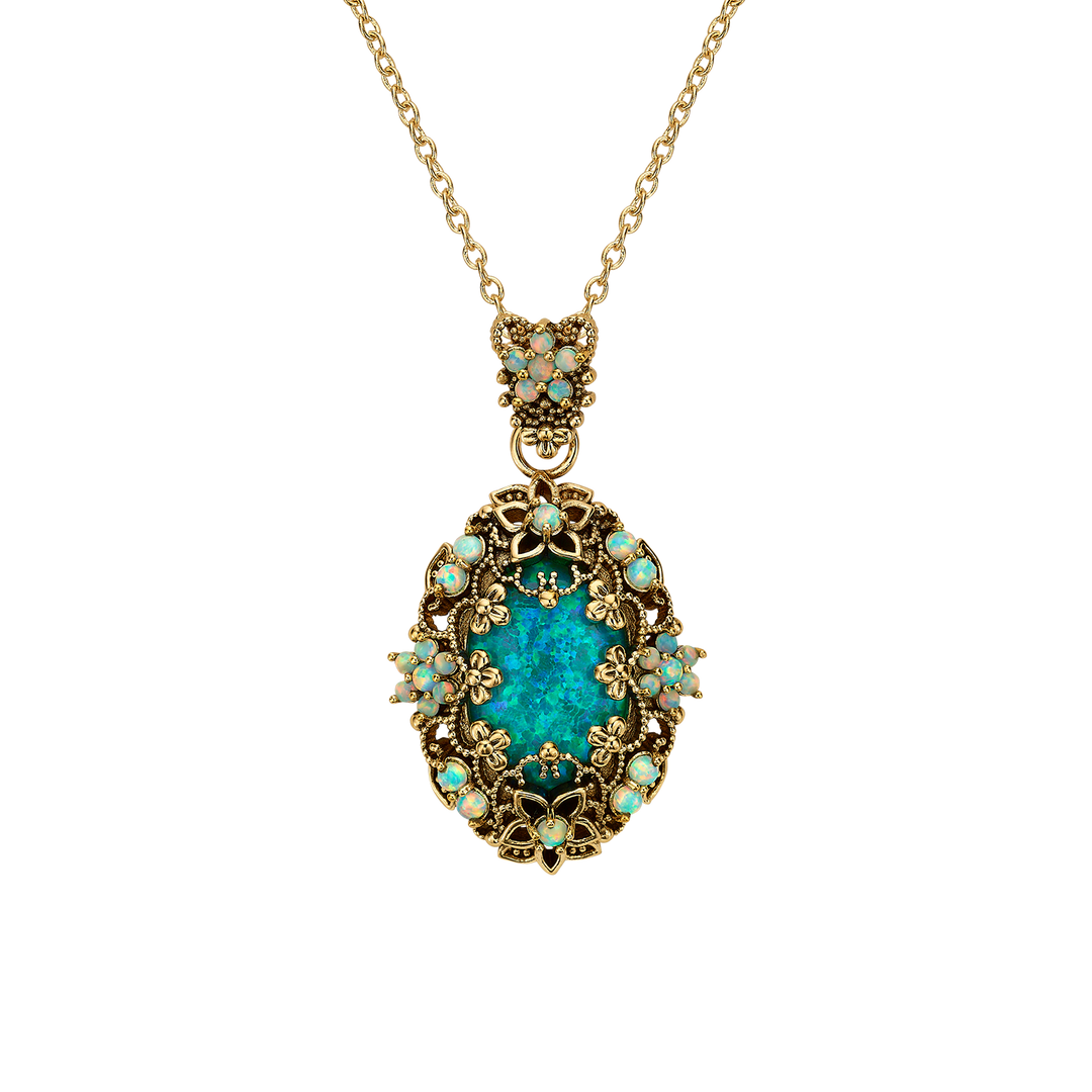 18K Gold Plated Necklace with Oval Synthetic Opal Pendant L - Heritage