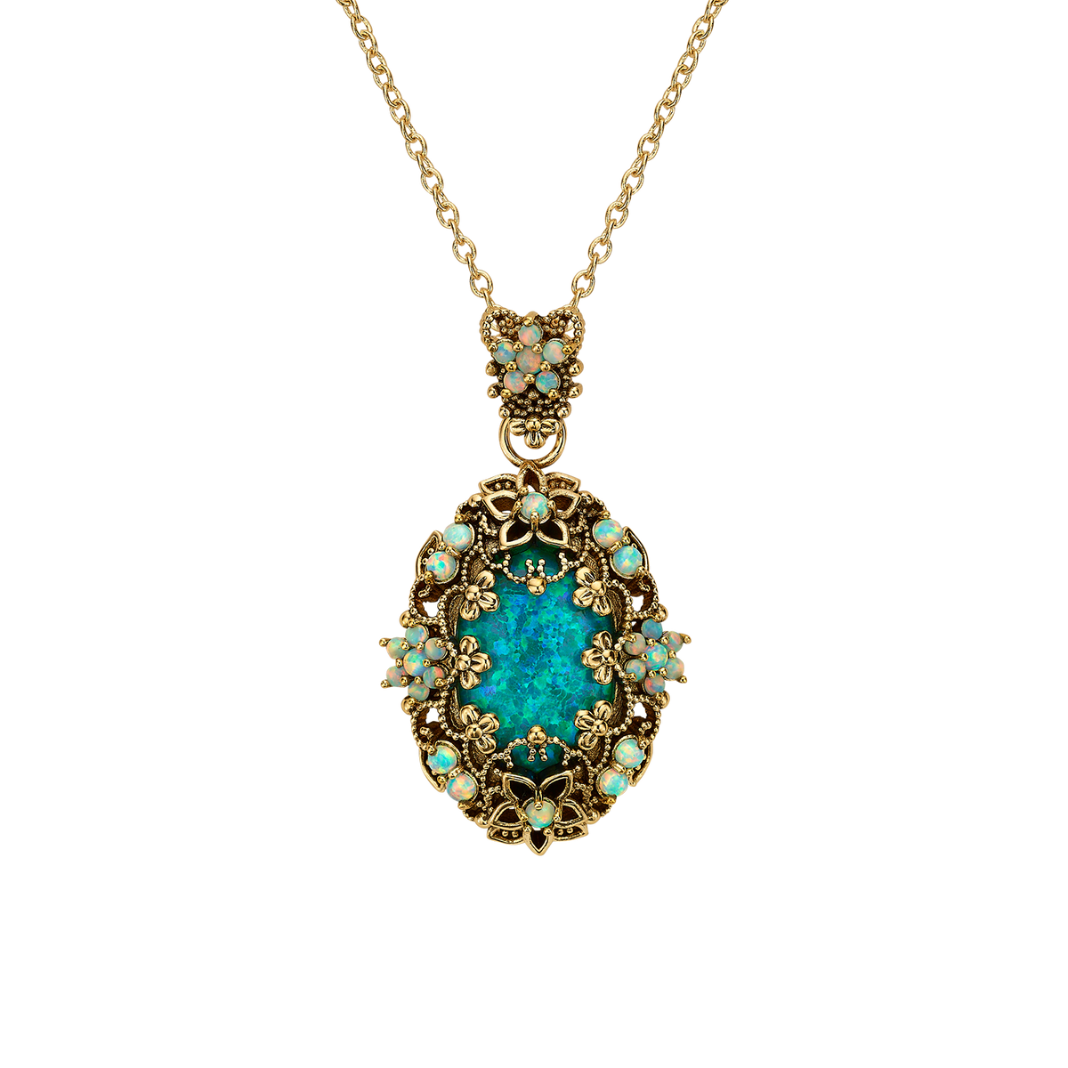 18K Gold Plated Necklace with Oval Synthetic Opal Pendant L - Heritage
