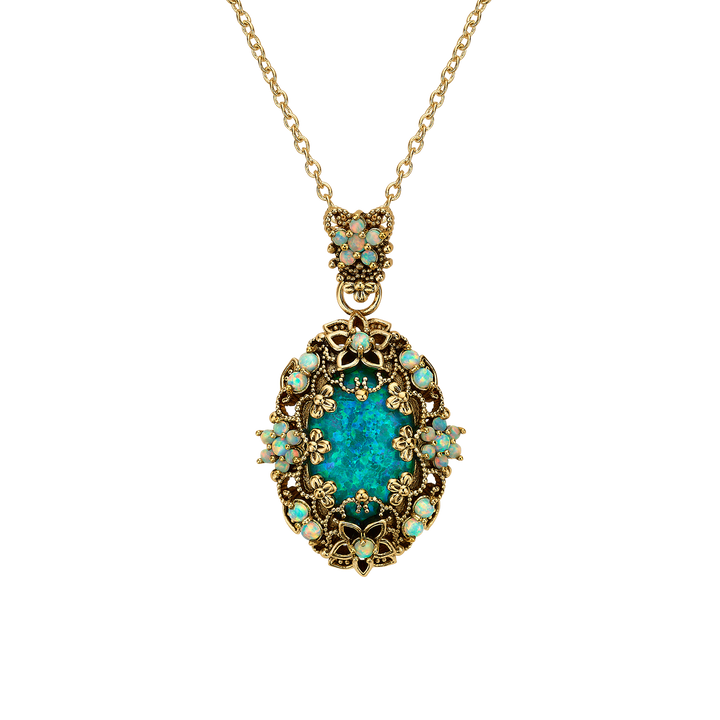 18K Gold Plated Necklace with Oval Synthetic Opal Pendant L - Heritage