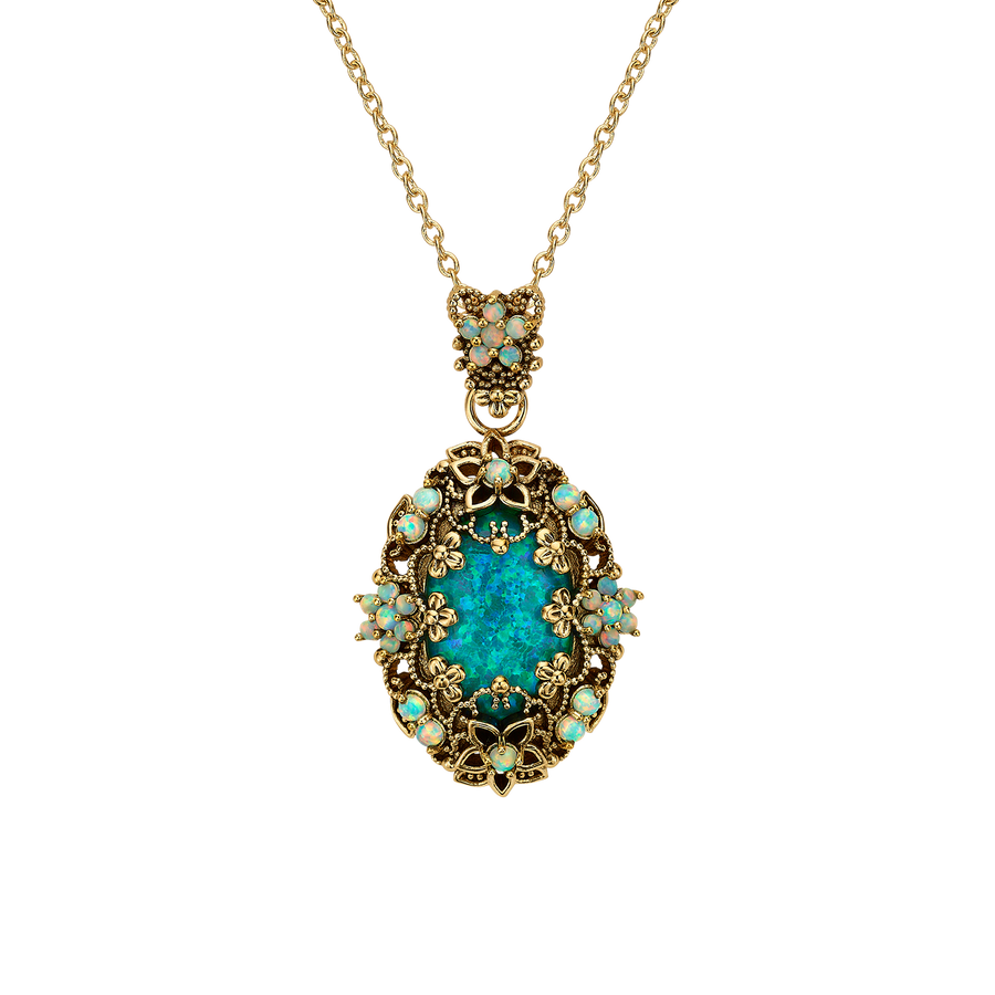 18K Gold Plated Necklace with Oval Synthetic Opal Pendant L - Heritage