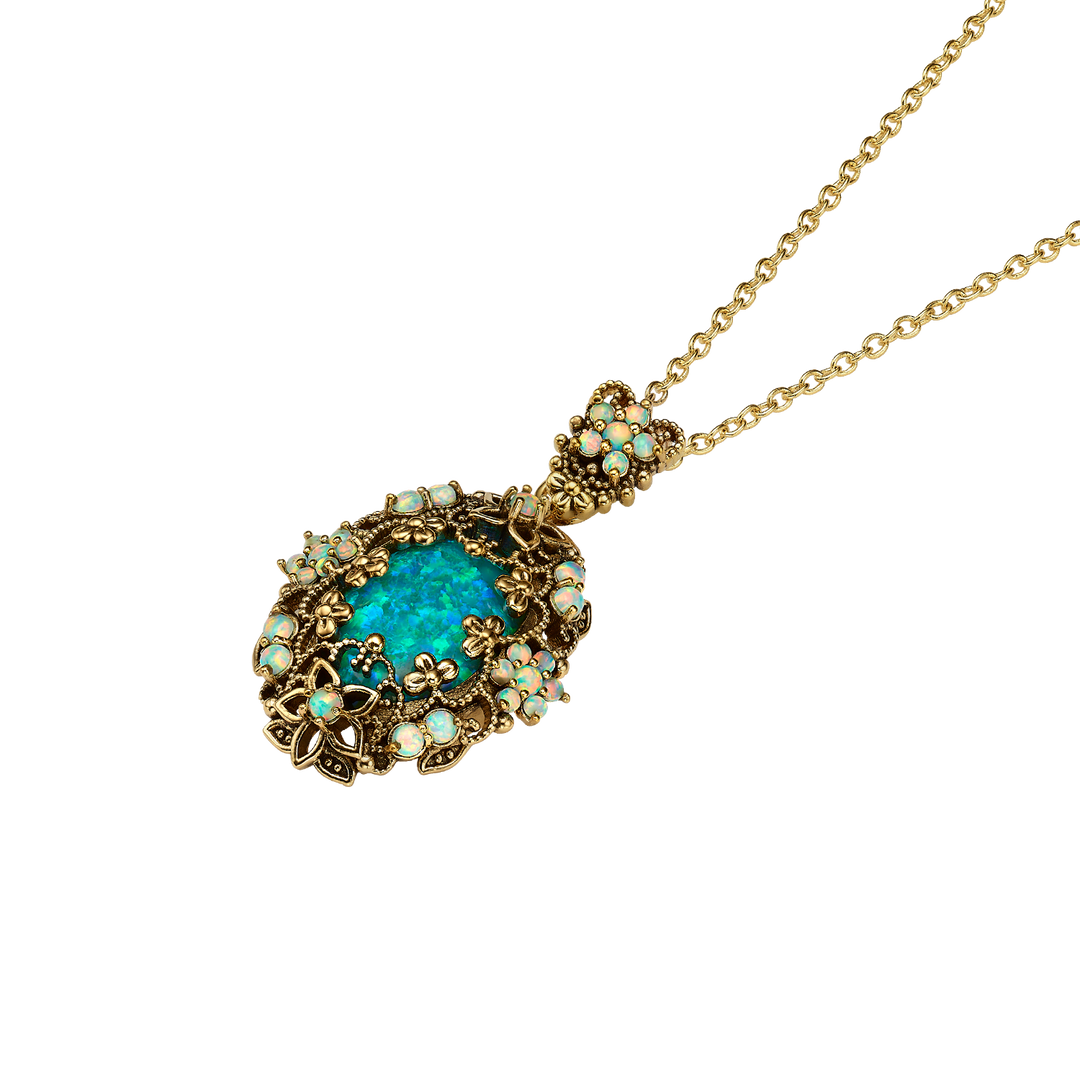 18K Gold Plated Necklace with Oval Synthetic Opal Pendant L - Heritage - 4