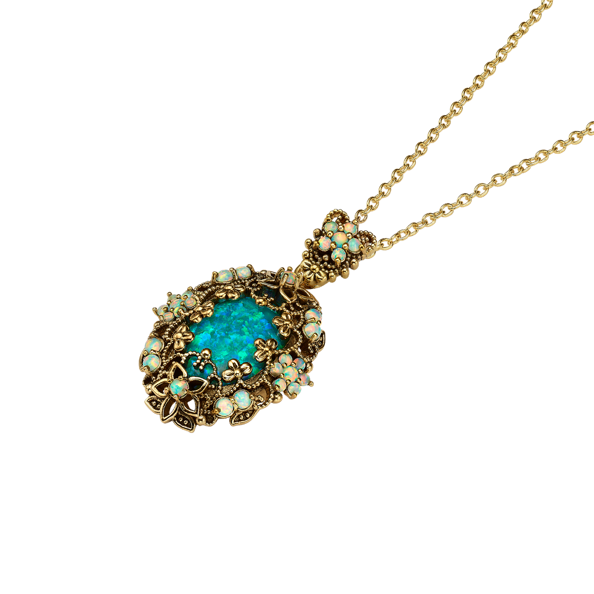 18K Gold Plated Necklace with Oval Synthetic Opal Pendant L - Heritage - 4