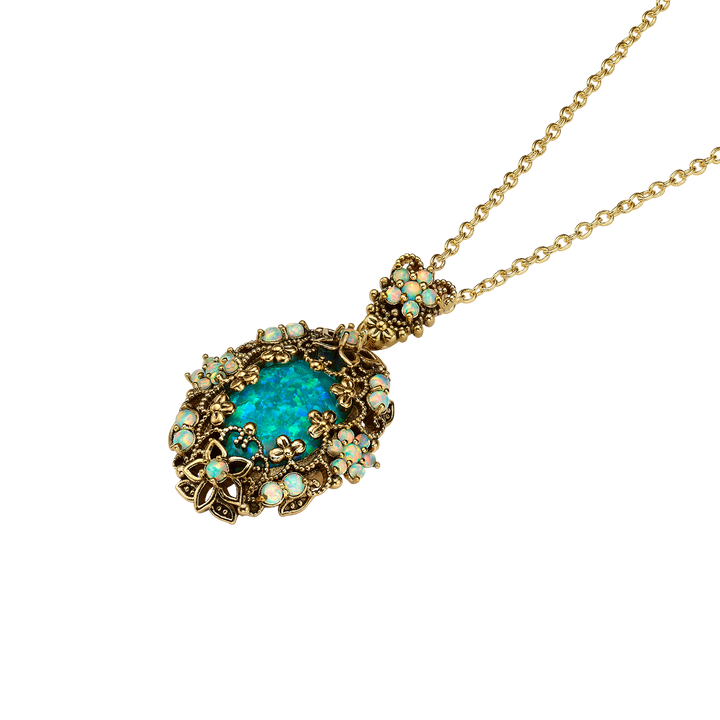 18K Gold Plated Necklace with Oval Synthetic Opal Pendant L - Heritage - 4