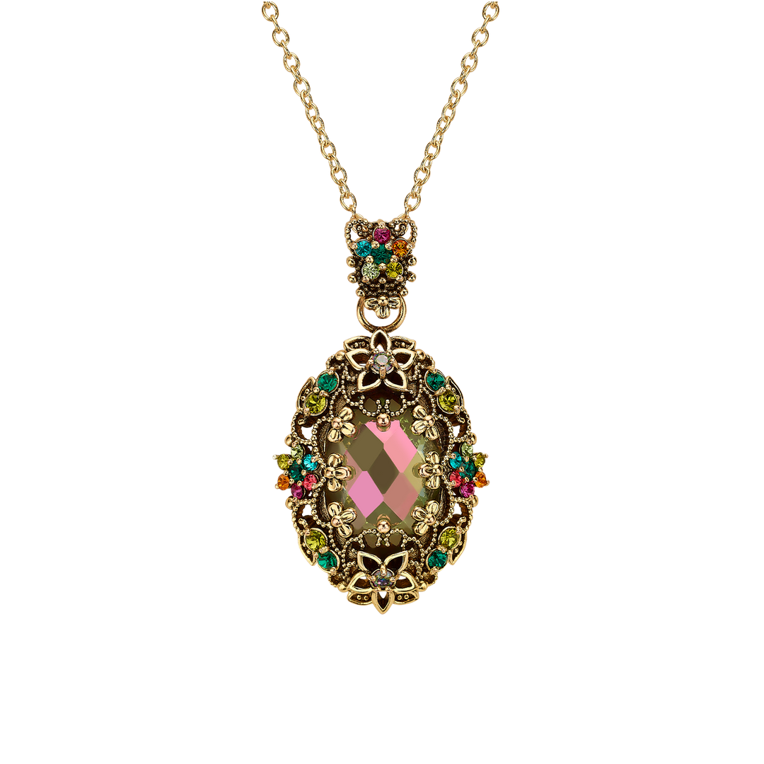 18K Gold Plated Necklace with Oval Colorful Zirconia Pendant L - Heritage