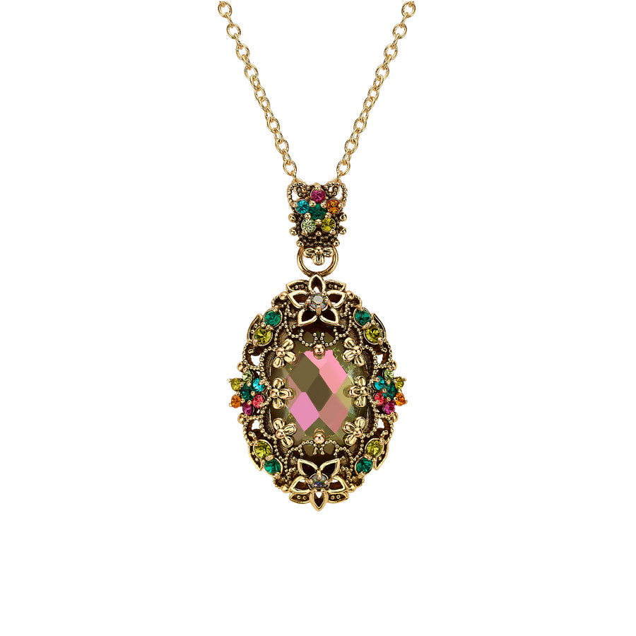 18K Gold Plated Necklace with Oval Colorful Zirconia Pendant L - Heritage