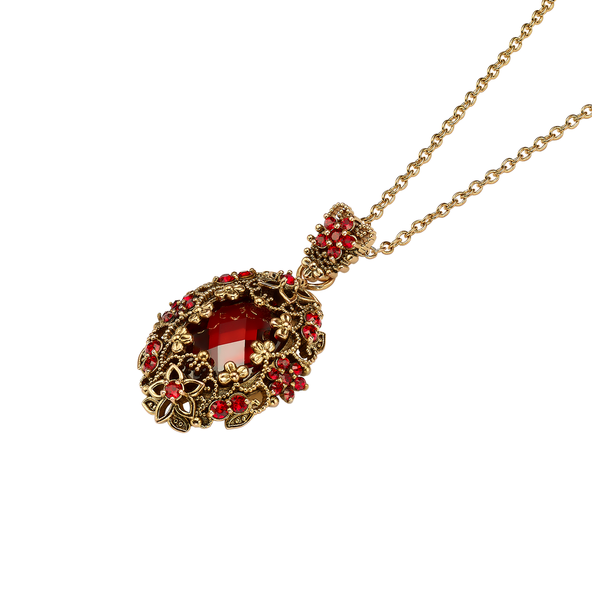 18K Gold Plated Necklace with Oval Red Zirconia Pendant L - Heritage - 3